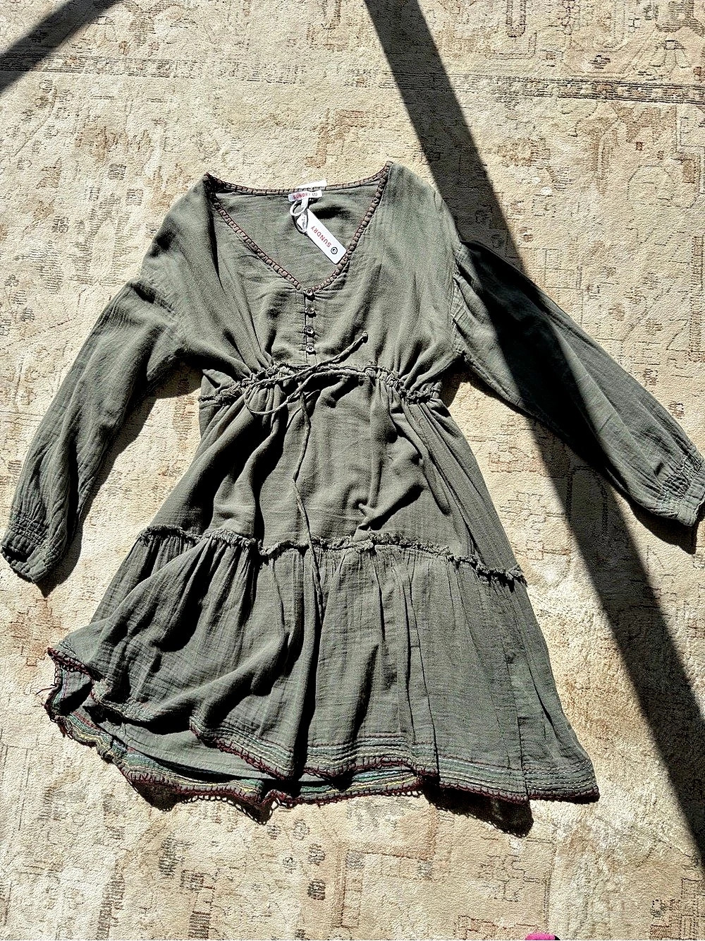 Nwt Sundry Tiered Gauze V-Neck Dress Mini Green